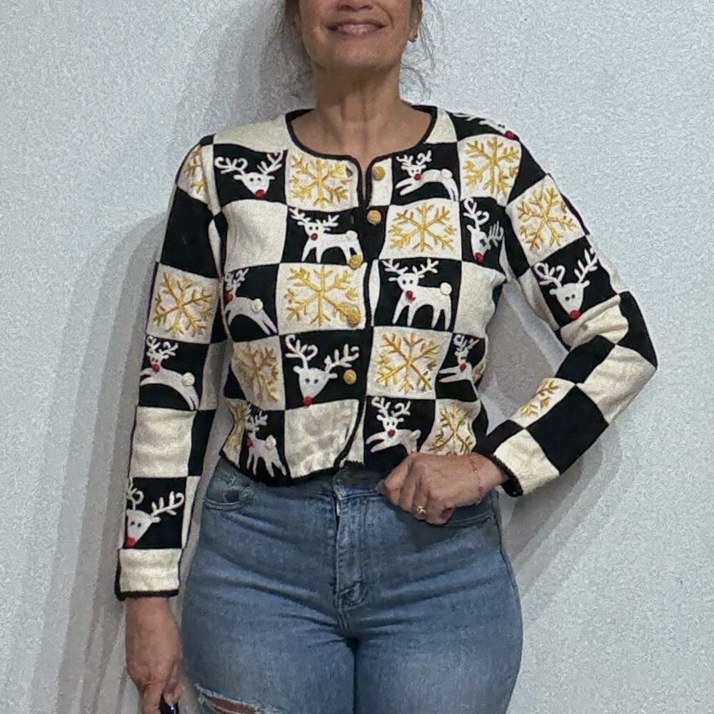 Michael Simon Checkered Reindeer Cropped Vintage Cardigan Sz S